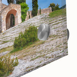 Large abstract wall art depicting a mid-century modernist scene of southern France, with muted earth tones on acrylic glass.