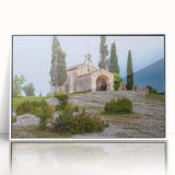 Mid-century modernist art depicting a serene South France landscape in pastel shades on a framed acrylic panel.