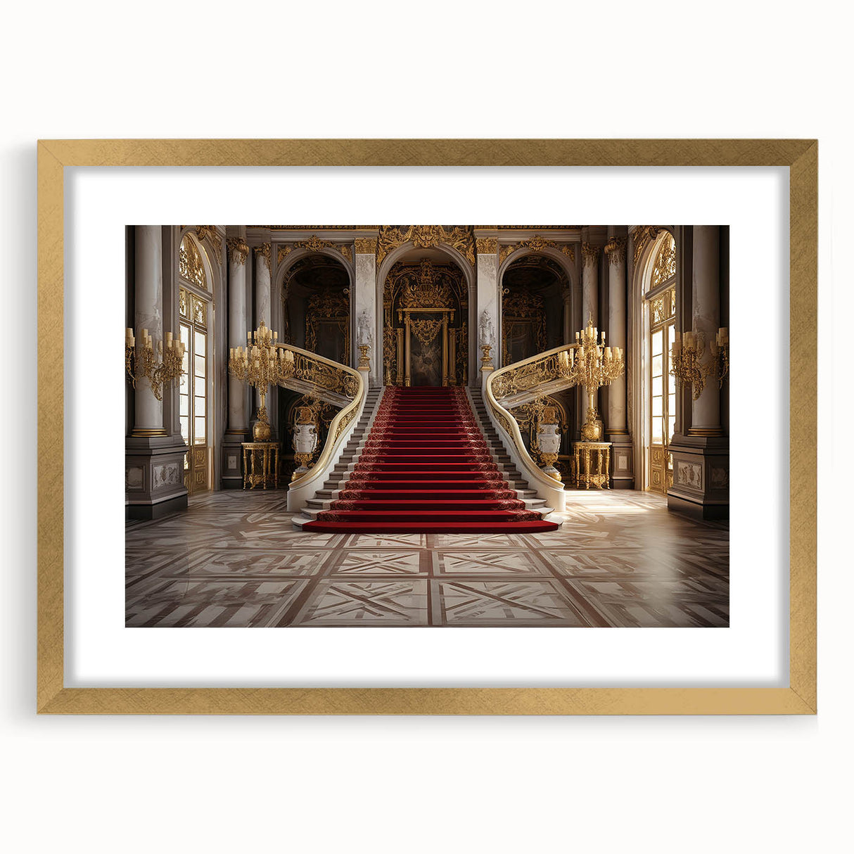 Abstract art print of Versailles scenery in muted gold and green tones, framed with a matte finish.