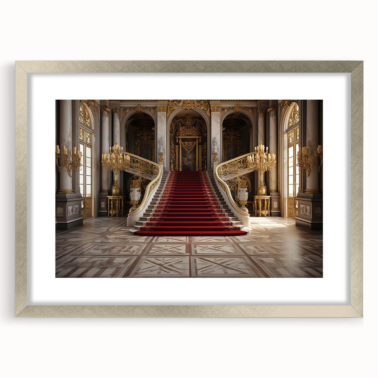 Extra large wall art of abstract textured scenery of Versailles in muted tones, framed with a silver mat.