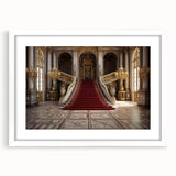 Textured art print of abstract Versailles scenery in muted earth tones on a white framed mat, suitable for bedroom decor.