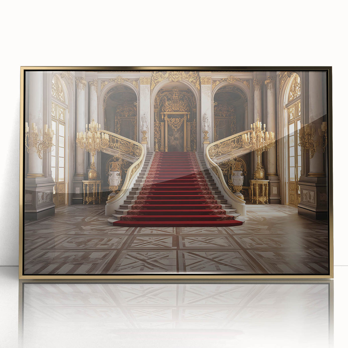 Art Deco poster of Versailles scenery in acrylic, framed in gold, displaying soft pastel shades.