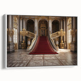 Vintage poster art of Versailles in colorful tones on a white framed canvas, ideal for living room decor.