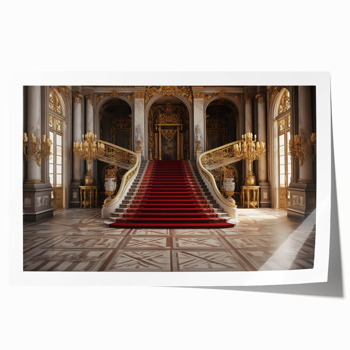 Rolled print of Versailles gardens with lush greenery and floral details, suitable for art wall dining room.