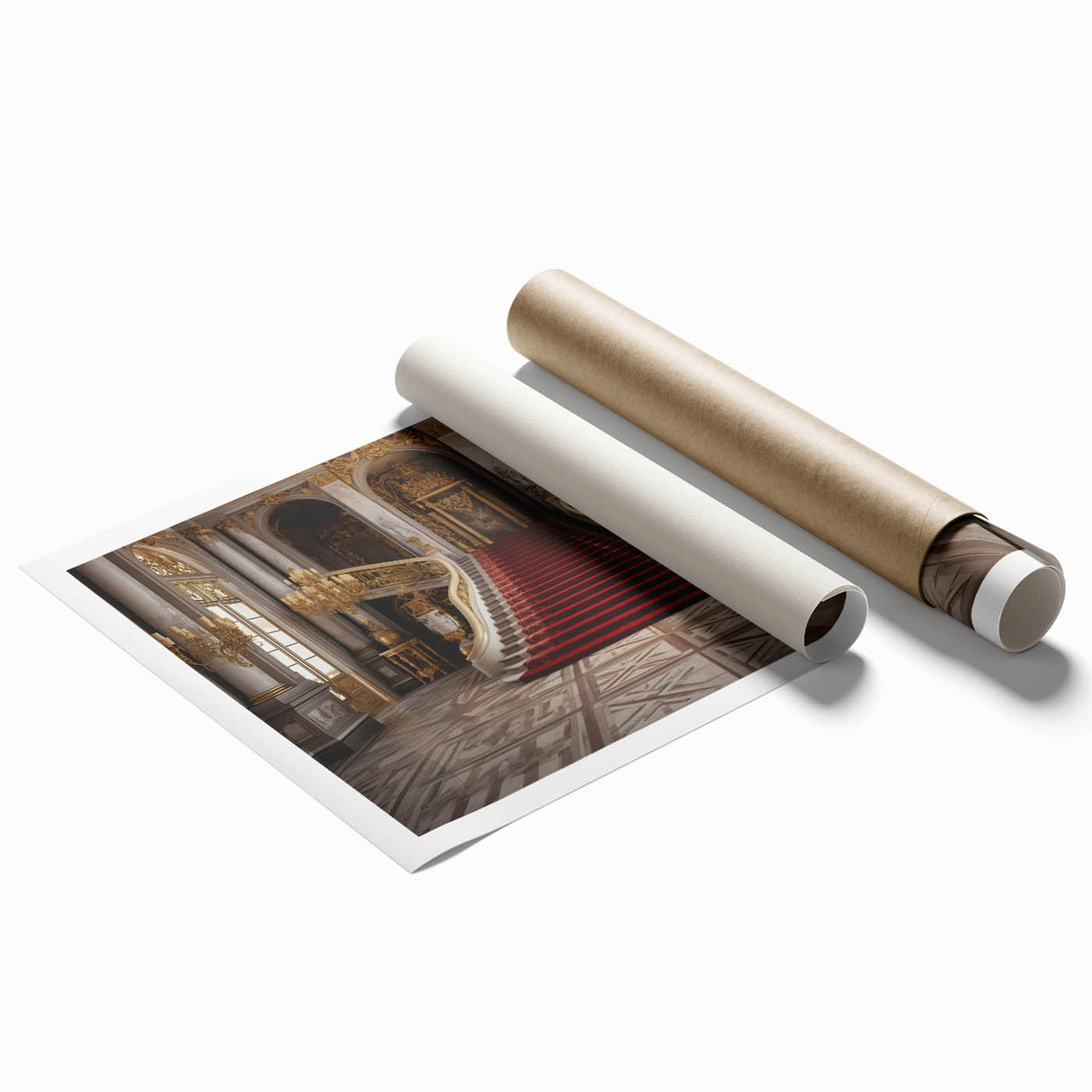 Extra large rolled print of Versailles gardens in muted green and pink tones, ideal for classy bathroom wall art.