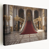 Side view of a stretched canvas depicting the Versailles Palace gardens in muted green and beige tones.