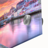 Mid-century modernist Bavarian landscape in muted earth tones on large acrylic glass, ideal for dining room art.