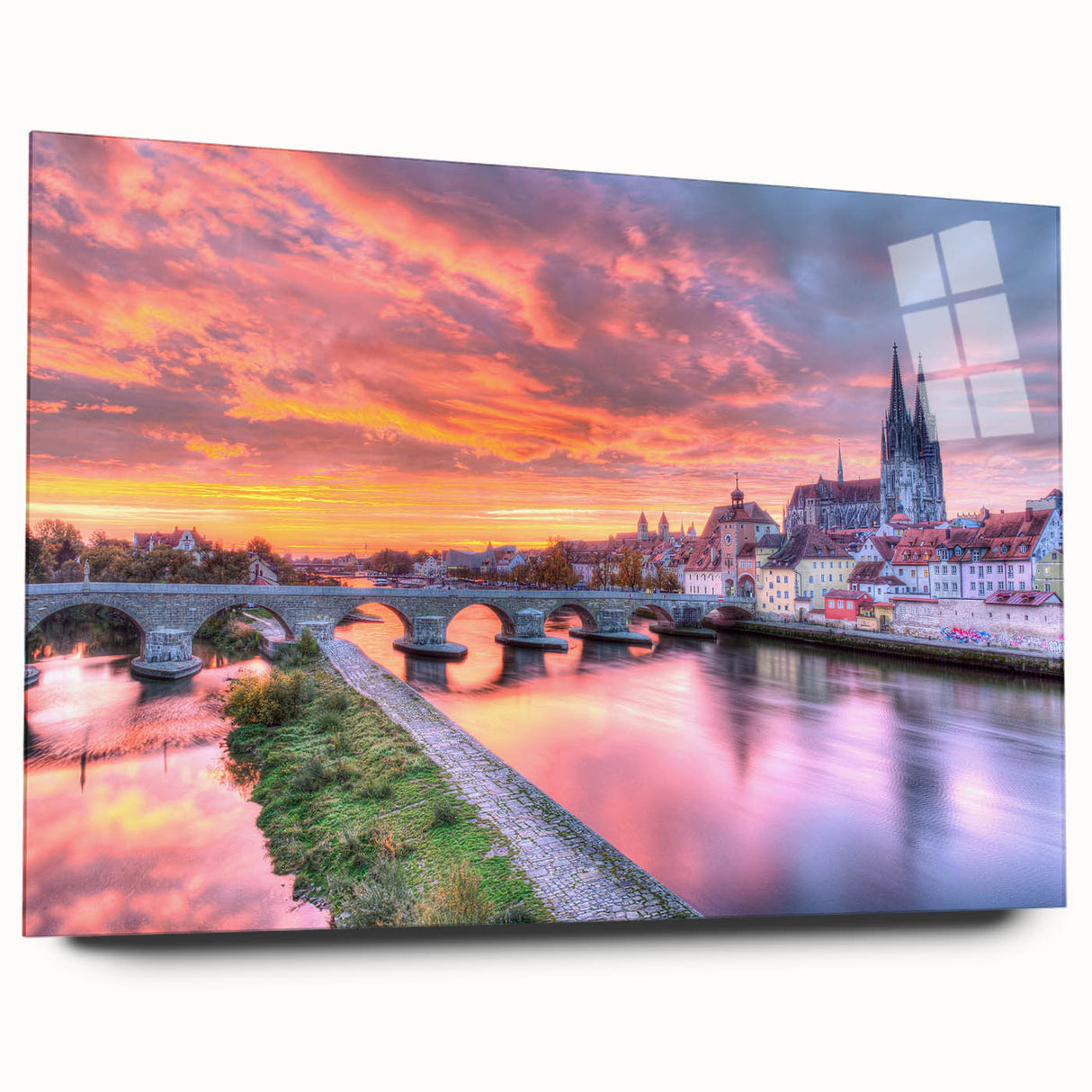 Acrylic print of a Bavarian landscape in muted green and blue tones, ideal for bedroom or dining room art.