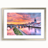 Extra large abstract art print of a Bavarian landscape in muted earth tones, framed in silver, ideal for living room decor.