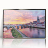 Framed acrylic print of Bavarian landscape in muted green and blue tones, ideal for modern art wall decor.