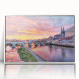 Mid-century modernist art depicting a serene Bavarian landscape in muted greens and blues, acrylic print framed in white.