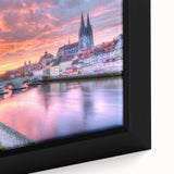 Black wall art depicting a textured Bavarian landscape in vibrant colors on a large framed canvas.