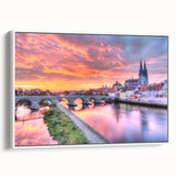 Vintage poster art of Bavarian scenery on a framed canvas, featuring colorful art in extra large format.
