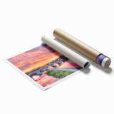 Extra large rolled print of Bavarian scenery with floral elements in muted earth tones.