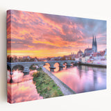 Large canvas print of a Bavarian landscape in muted green and blue tones, suitable for kitchen wall art.