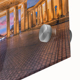 Large abstract wall art depicting Berlin scenery in muted earth tones on acrylic glass, suitable for dining room ambiance.