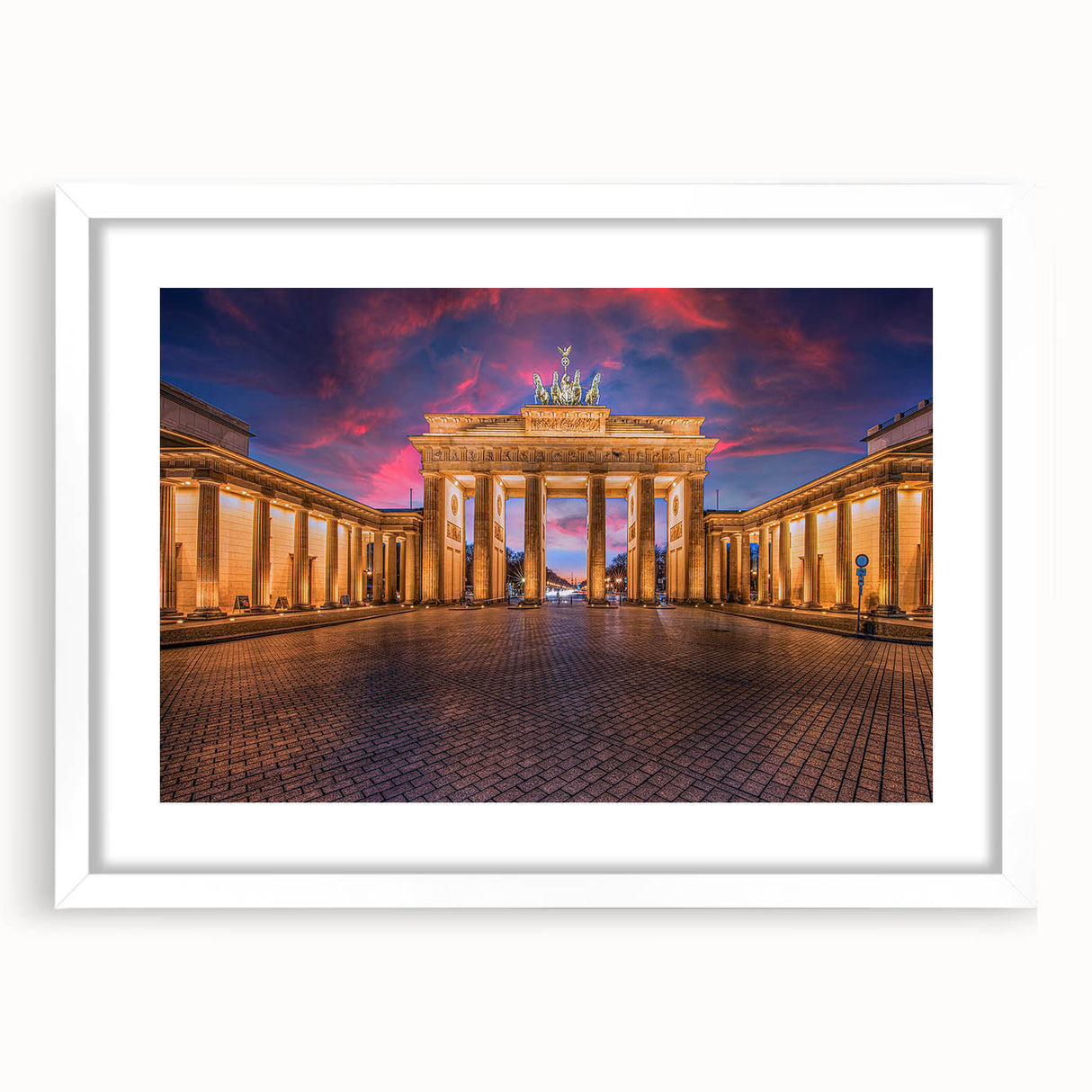 Textured abstract art print of Berlin scenery in muted earth tones, framed with a white mat, suitable for bedroom decor.