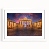 Textured abstract art print of Berlin scenery in muted earth tones, framed with a white mat, suitable for bedroom decor.