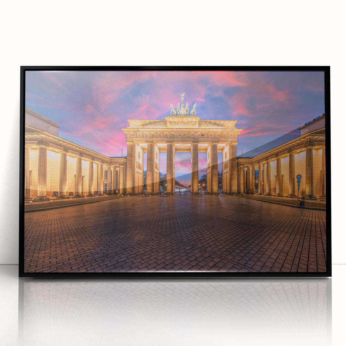 Large abstract wall art depicting a Berlin cityscape in muted gray tones, framed in black acrylic.