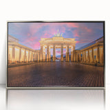 Acrylic print of Berlin skyline with silver frame, featuring mid-century modernist style in muted colors.