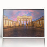 Mid-century modernist art of Berlin skyline in muted gray and blue tones on a framed acrylic.