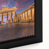 Extra large framed canvas featuring a textured depiction of Berlin's skyline in black with colorful accents.