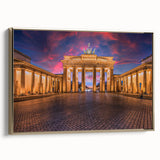 Framed canvas featuring a vintage poster art of Berlin landscape in muted gold and black tones.