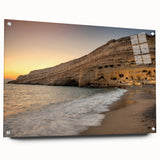 Acrylic print of a European scenery in Crete with vivid blue and white tones, ideal for dining room art.