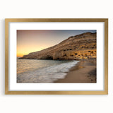 Abstract art print of a European scenery in Crete, featuring muted earth tones on a framed gold mat.