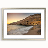 Extra large abstract art print depicting a textured European scenery in muted earth tones, framed in silver.