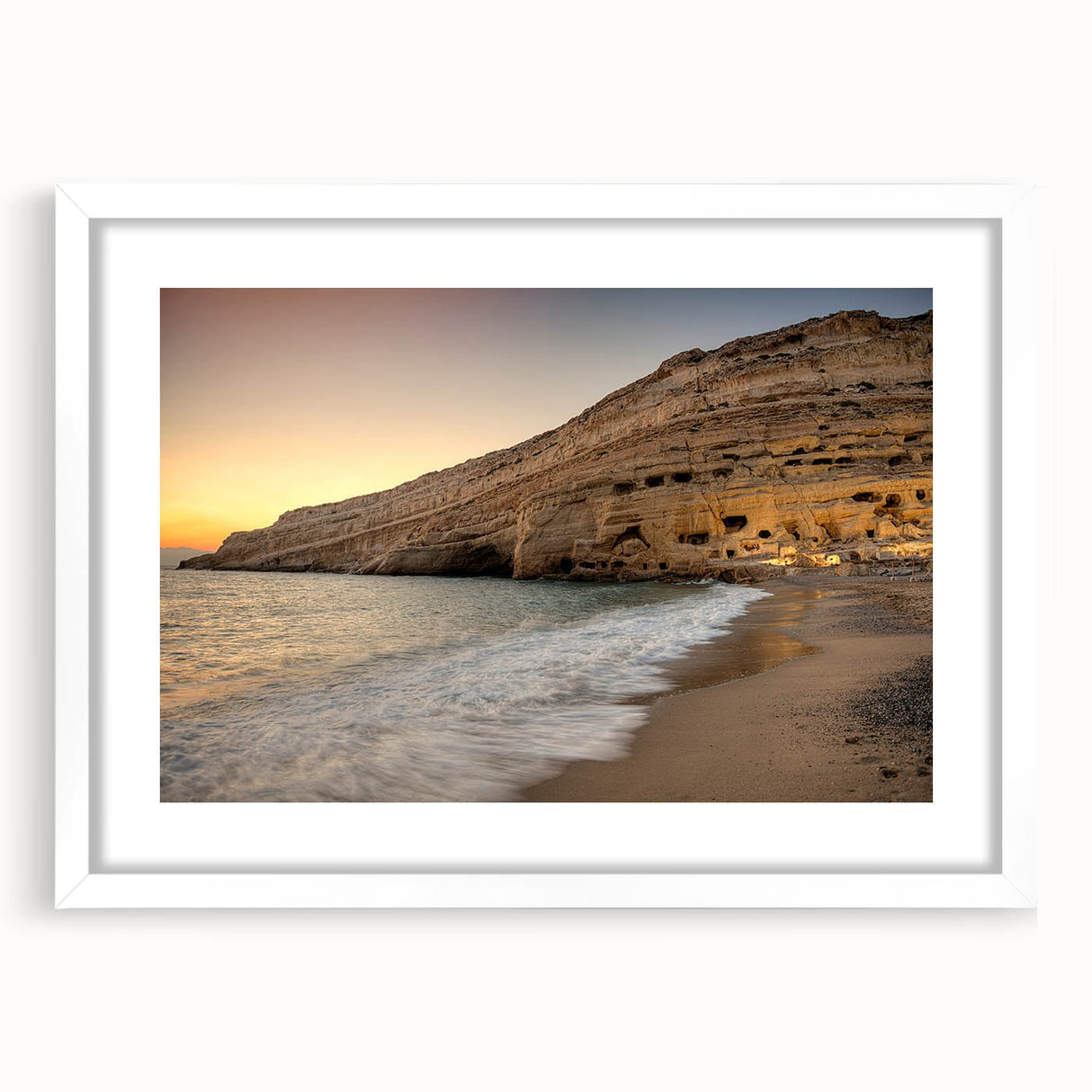 Textured abstract art print depicting a serene Crete landscape in muted earth tones, framed with a white mat.