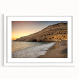 Textured abstract art print depicting a serene Crete landscape in muted earth tones, framed with a white mat.