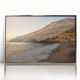 Large art print of a mid-century modernist Crete scenery in silver-framed acrylic, ideal for modern art wall decor.