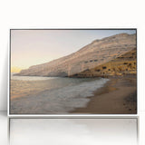 Mid-century modernist art depicting the Crete coastline in muted blue and white tones, framed acrylic print.