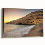 Framed canvas featuring a vintage-style landscape painting of Crete, Greece in muted gold and black tones.