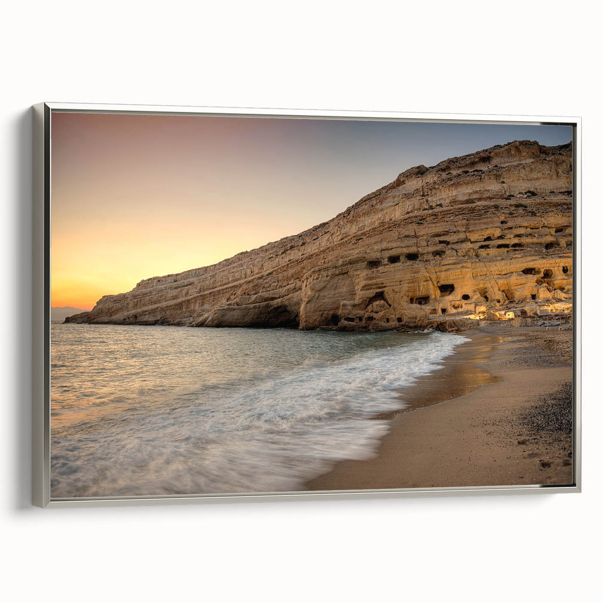 Framed canvas featuring a vintage-style landscape painting of Crete, Greece, with vibrant colors on a black background.