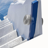Acrylic print of a large abstract depiction of Santorini with vibrant blue and white tones, ideal for dining room art.