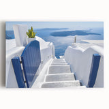 Black and white stretched canvas of Santorini landscape, ideal for kitchen wall art or bedroom ambiance.