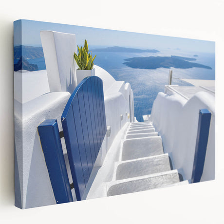 Large art of Santorini scenery in vibrant blue and white tones on stretched canvas, ideal for kitchen wall art.