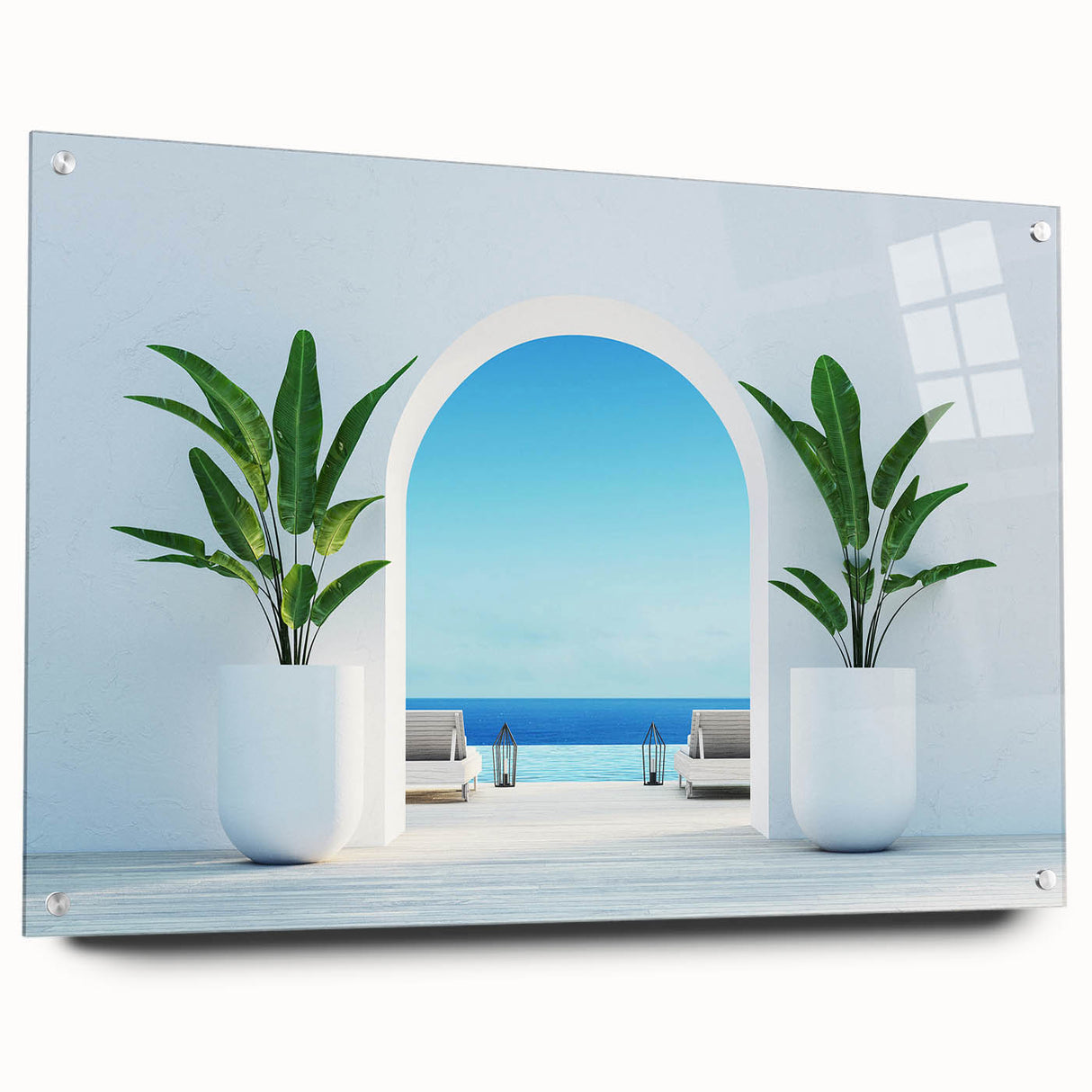 Acrylic print of a European Greek landscape in muted earth tones, ideal for dining room decor.