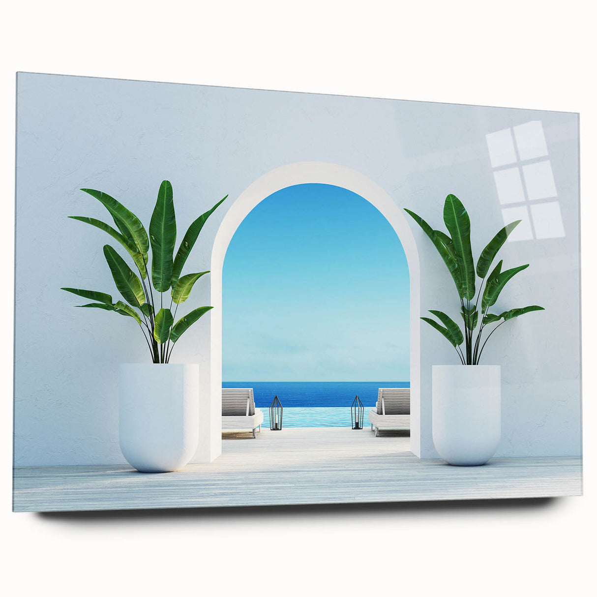 Acrylic print of a serene Greek landscape in soft blue and white tones, suitable for bedroom or dining room decor.