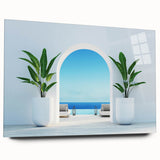 Acrylic print of a serene Greek landscape in soft blue and white tones, suitable for bedroom or dining room decor.