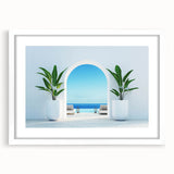 Textured abstract art print of a European scenery in Greece, featuring muted earth tones on a framed white mat.