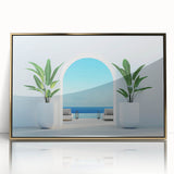 Framed acrylic print of a European Greek scenery in art deco style, ideal for modern art wall decor.