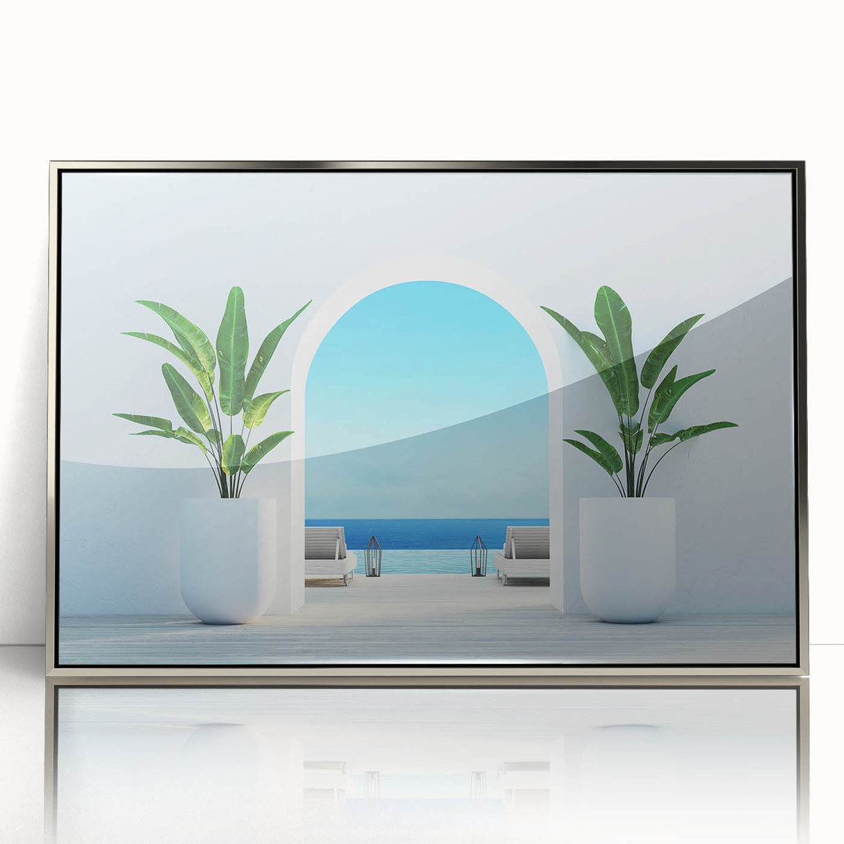 Large art print of a scenic European town in Greece, in muted earth tones on a silver-framed acrylic.