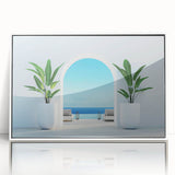 Mid-century modernist art depicting a scenic Greek landscape in muted earth tones on framed acrylic.