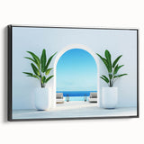 Black and white framed canvas of a vintage-style Greek landscape, ideal for bedroom decor.
