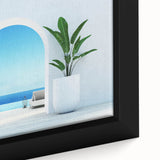 Extra large framed canvas of colorful, textured Greek scenery in black, ideal for living room decor.