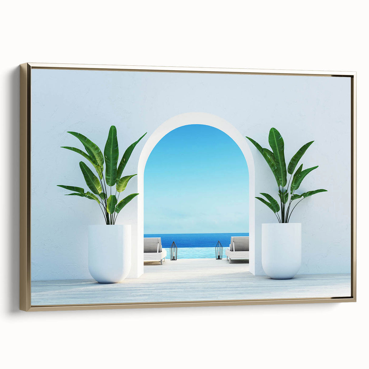 Framed canvas of a vintage-style Greek landscape in muted gold and black tones, ideal for bedroom wall decor.