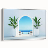 Vintage poster art of a scenic European village in Greece, depicted in vibrant colors on a large framed canvas.